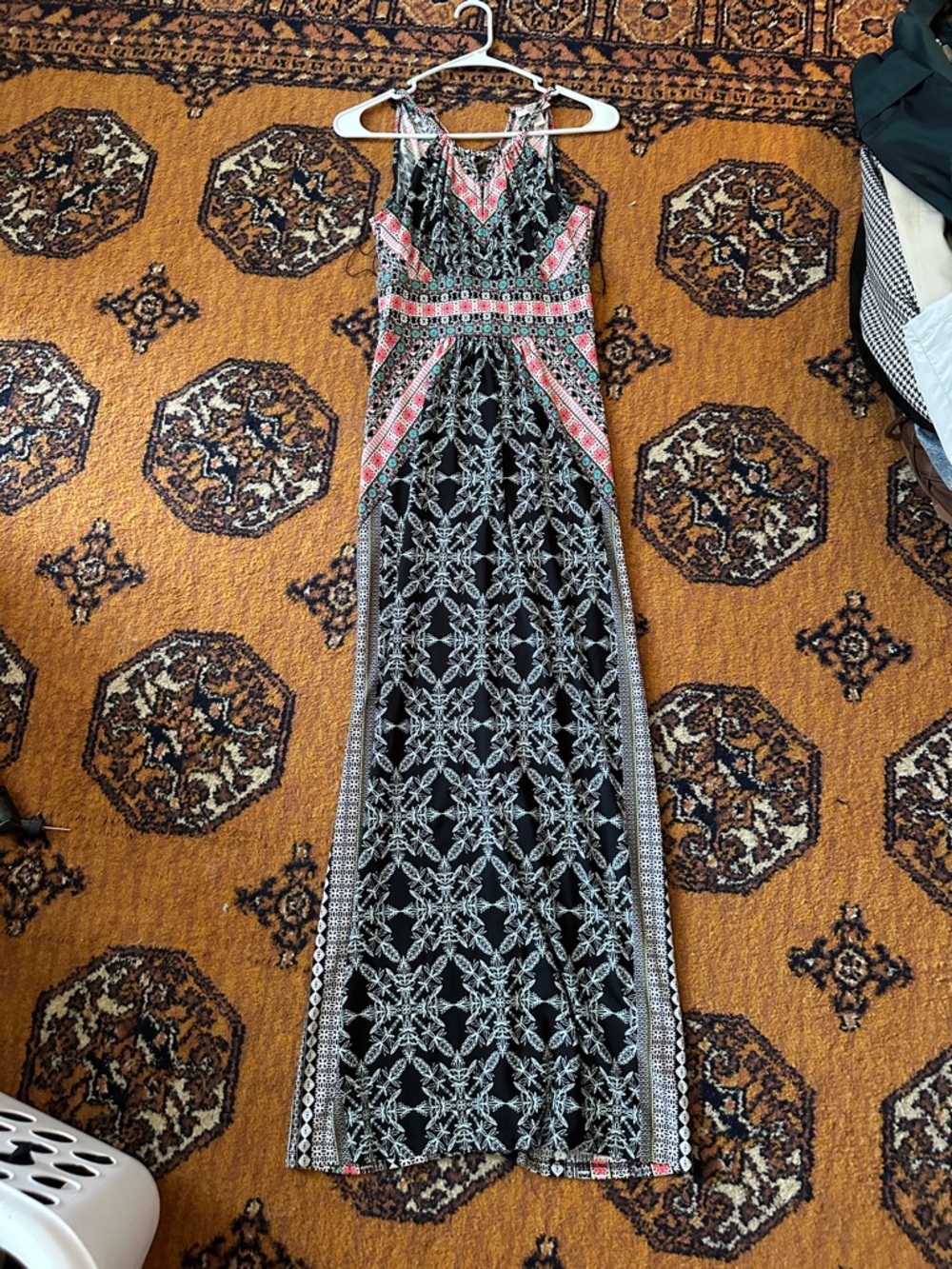 London Style Black Maxi Dress with Pink and White Geo Trim Size 2p